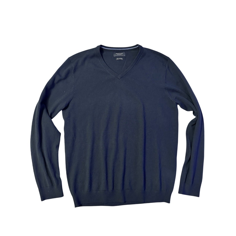 Profuomo Extra Fine Merino Wool Sweater Men's L Navy V Neck 100% Merino Office